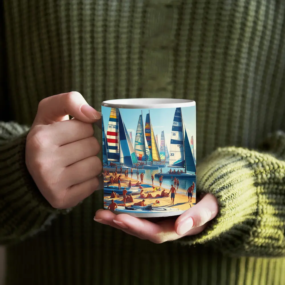 Colorful Sailboats Busy Summer Beach Scene – Mugs