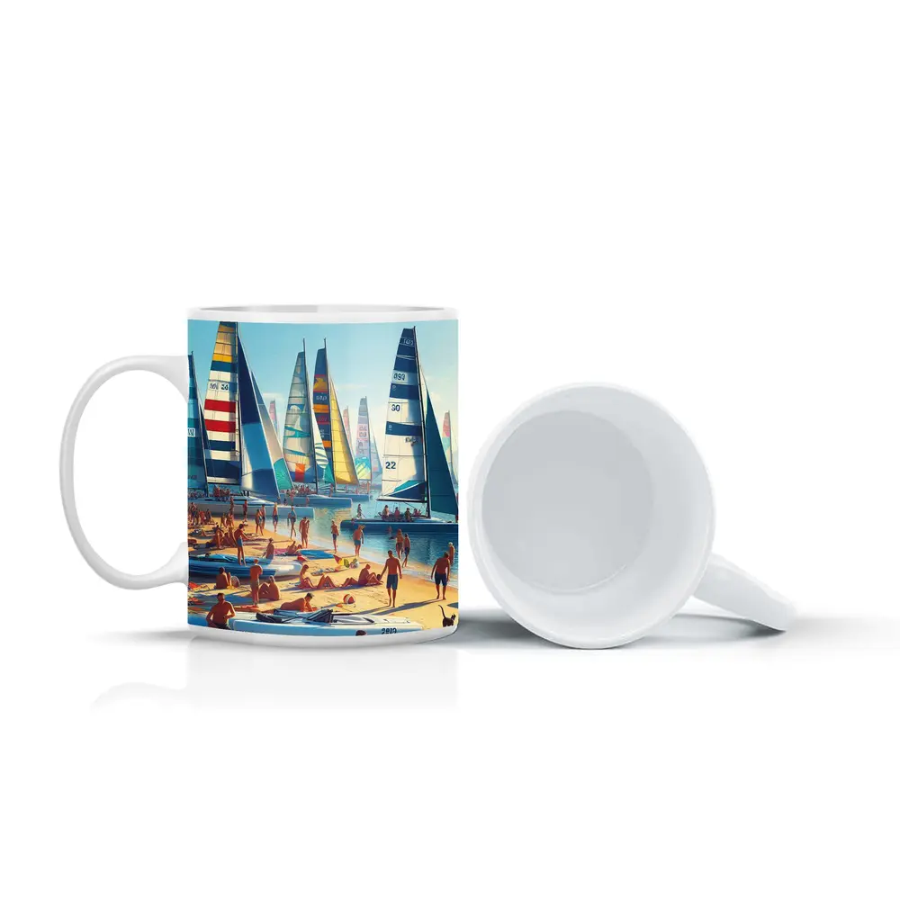 Colorful Sailboats Busy Summer Beach Scene – Mugs