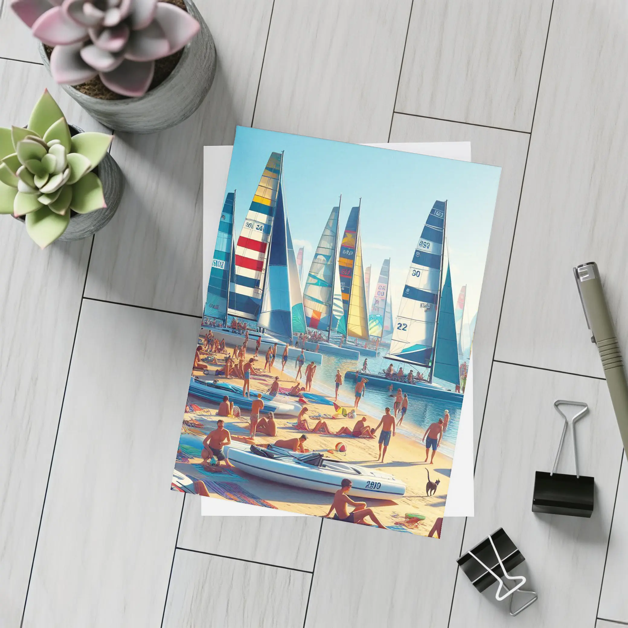 Colorful Sailboats Busy Summer Beach Scene – Postcards