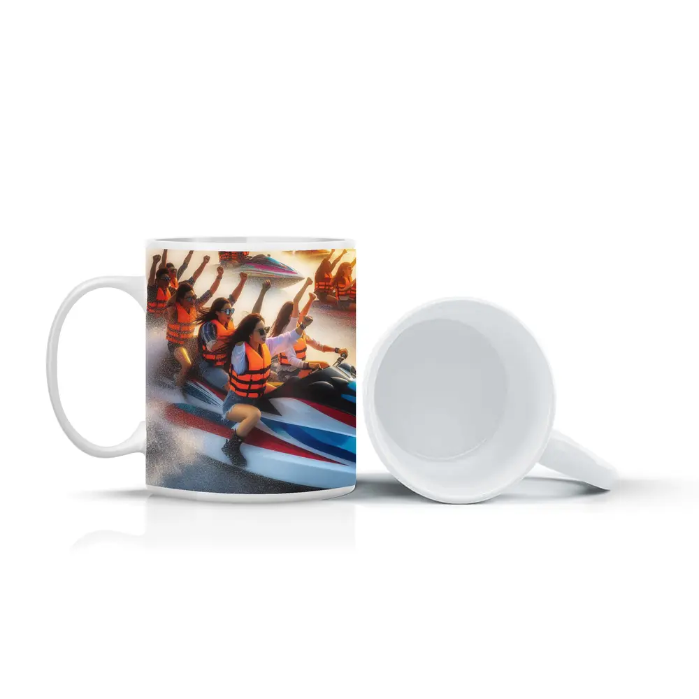 Women Riding Jet Skis Ocean Sunset Scene – Mugs