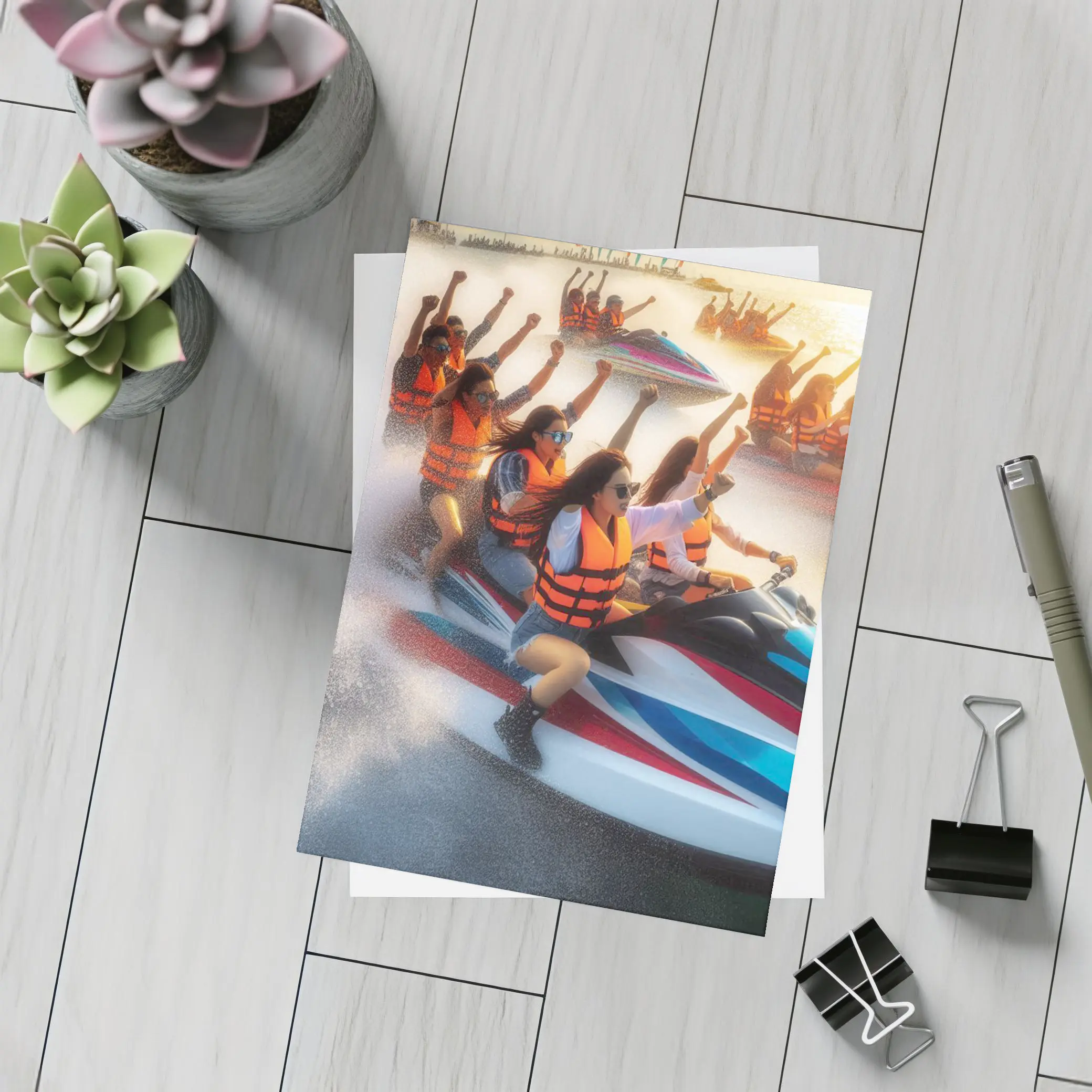 Women Riding Jet Skis Ocean Sunset Scene – Postcards