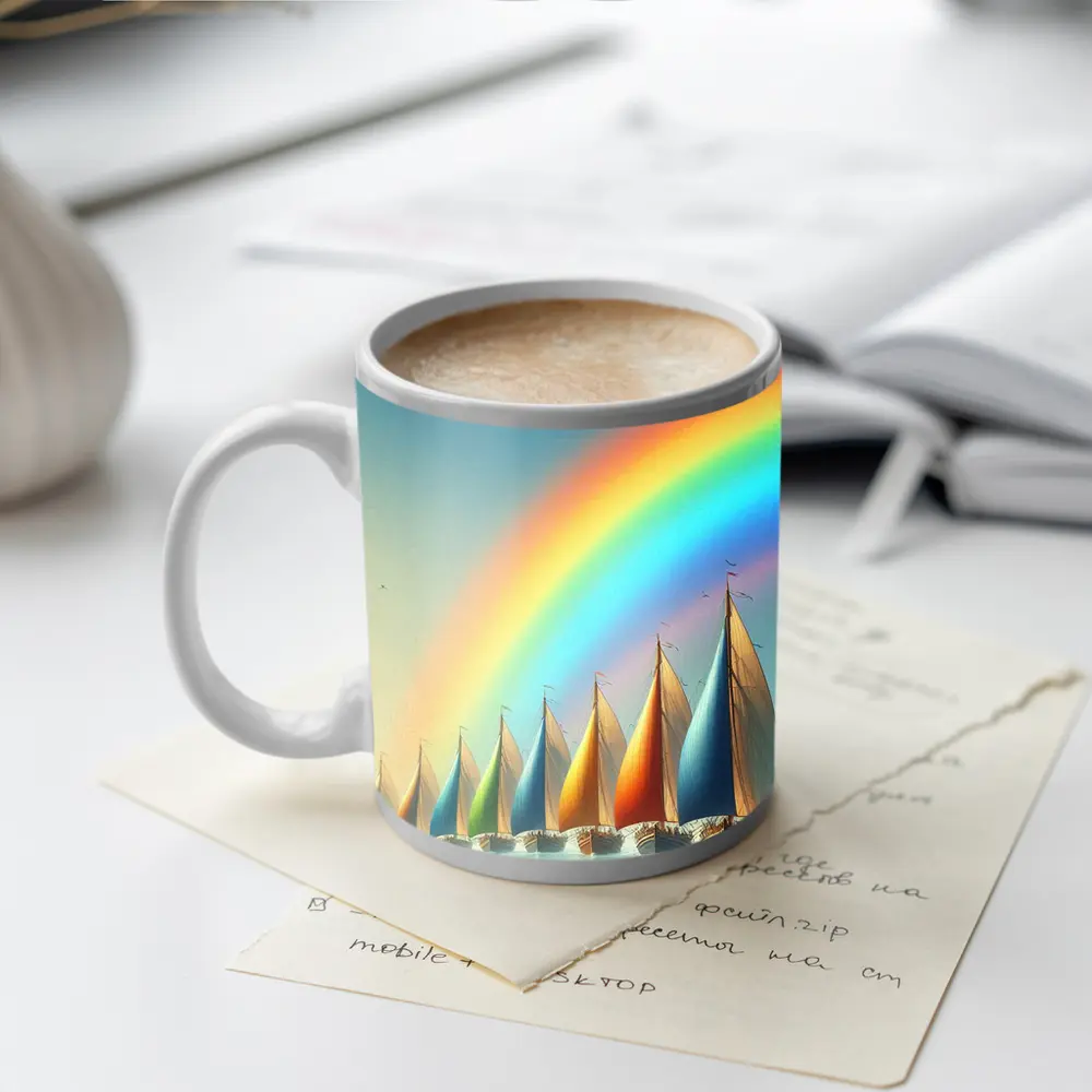Colorful Sailboats Racing Under Rainbow Sky – Mugs