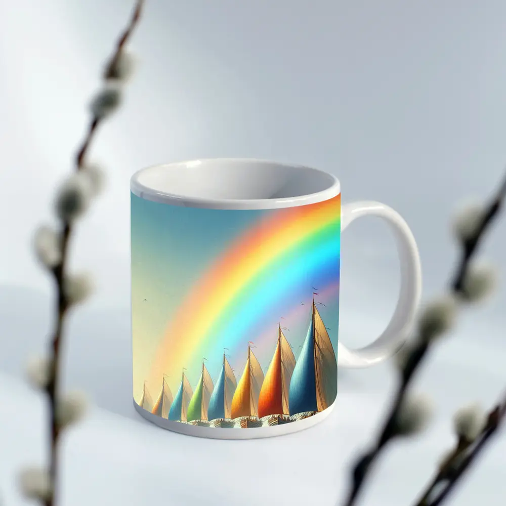 Colorful Sailboats Racing Under Rainbow Sky – Mugs