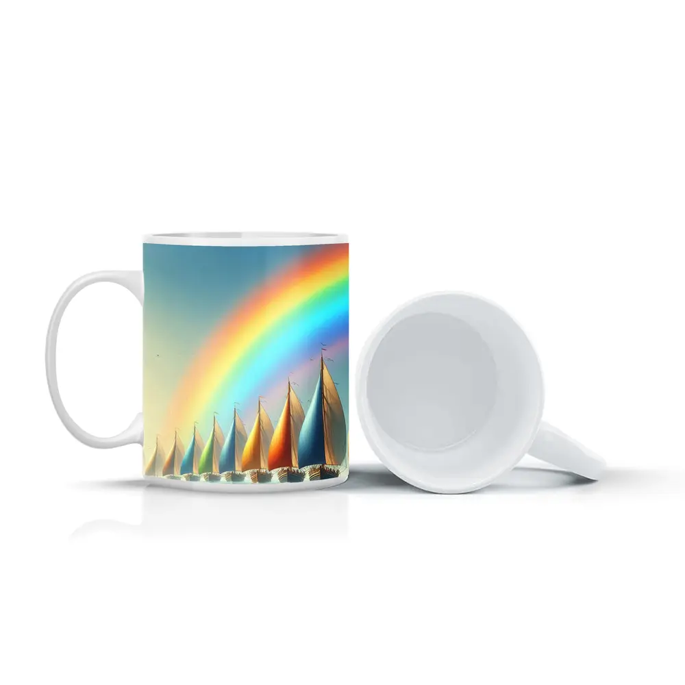 Colorful Sailboats Racing Under Rainbow Sky – Mugs