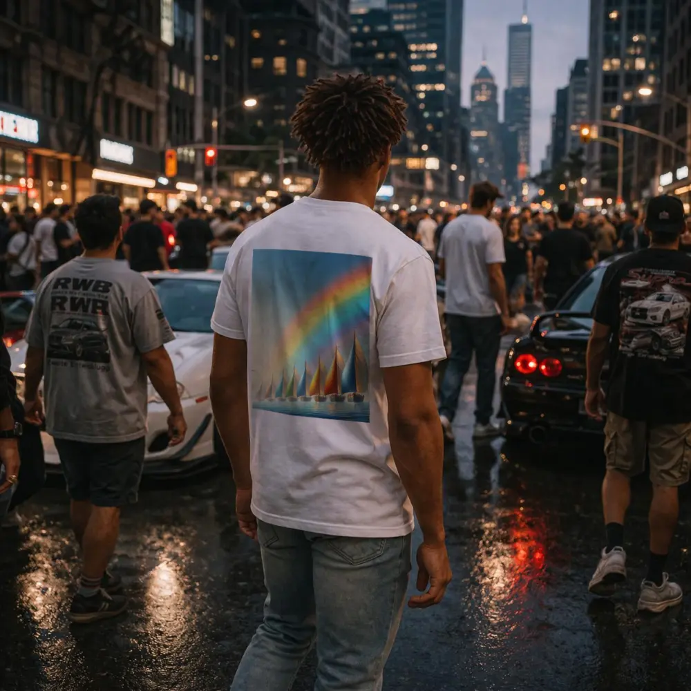 Colorful Sailboats Racing Under Rainbow Sky – T-Shirts