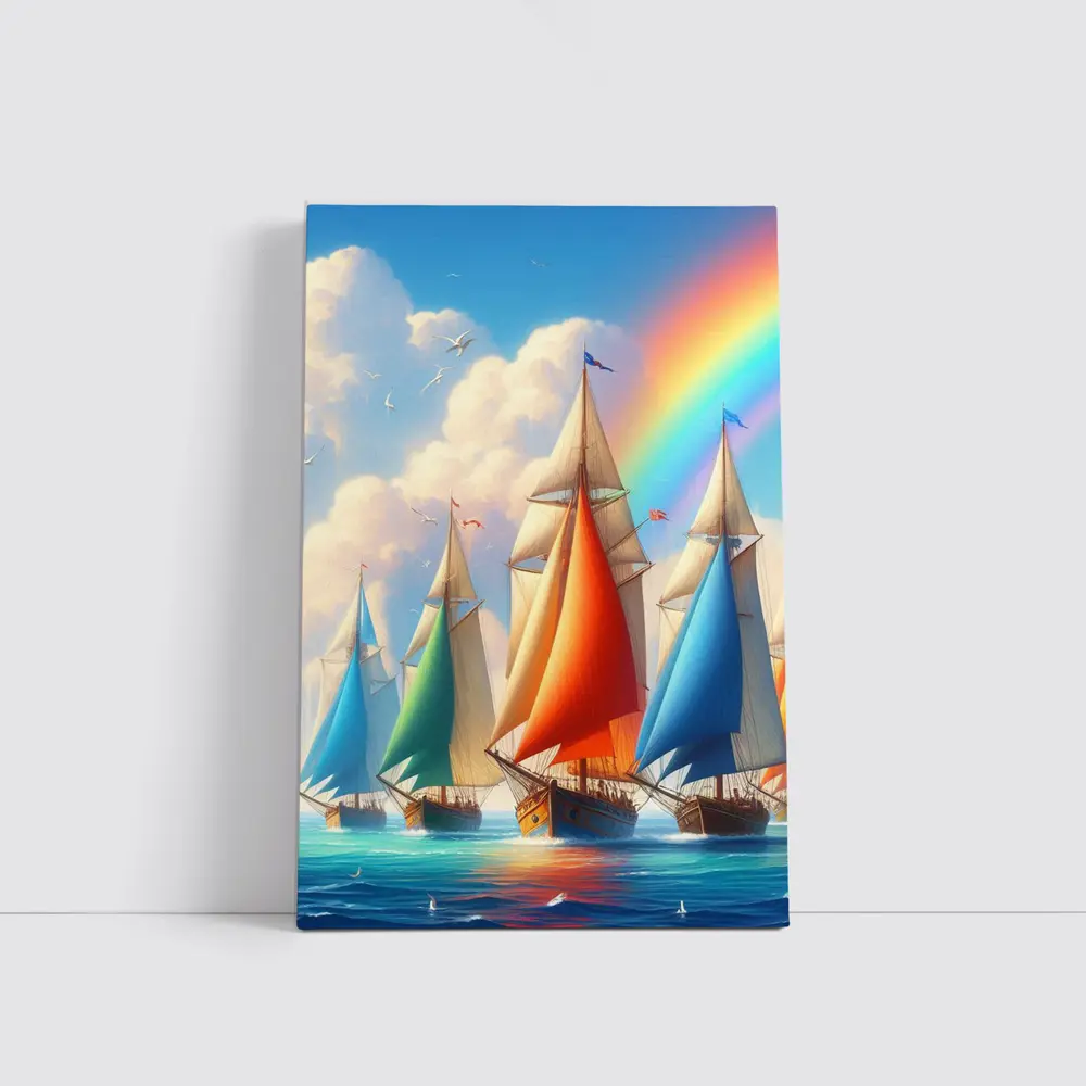 Sailing Ships Rainbow Sky Ocean Art – Wall Art