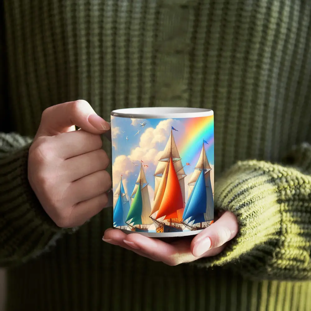 Sailing Ships Rainbow Sky Ocean Art – Mugs