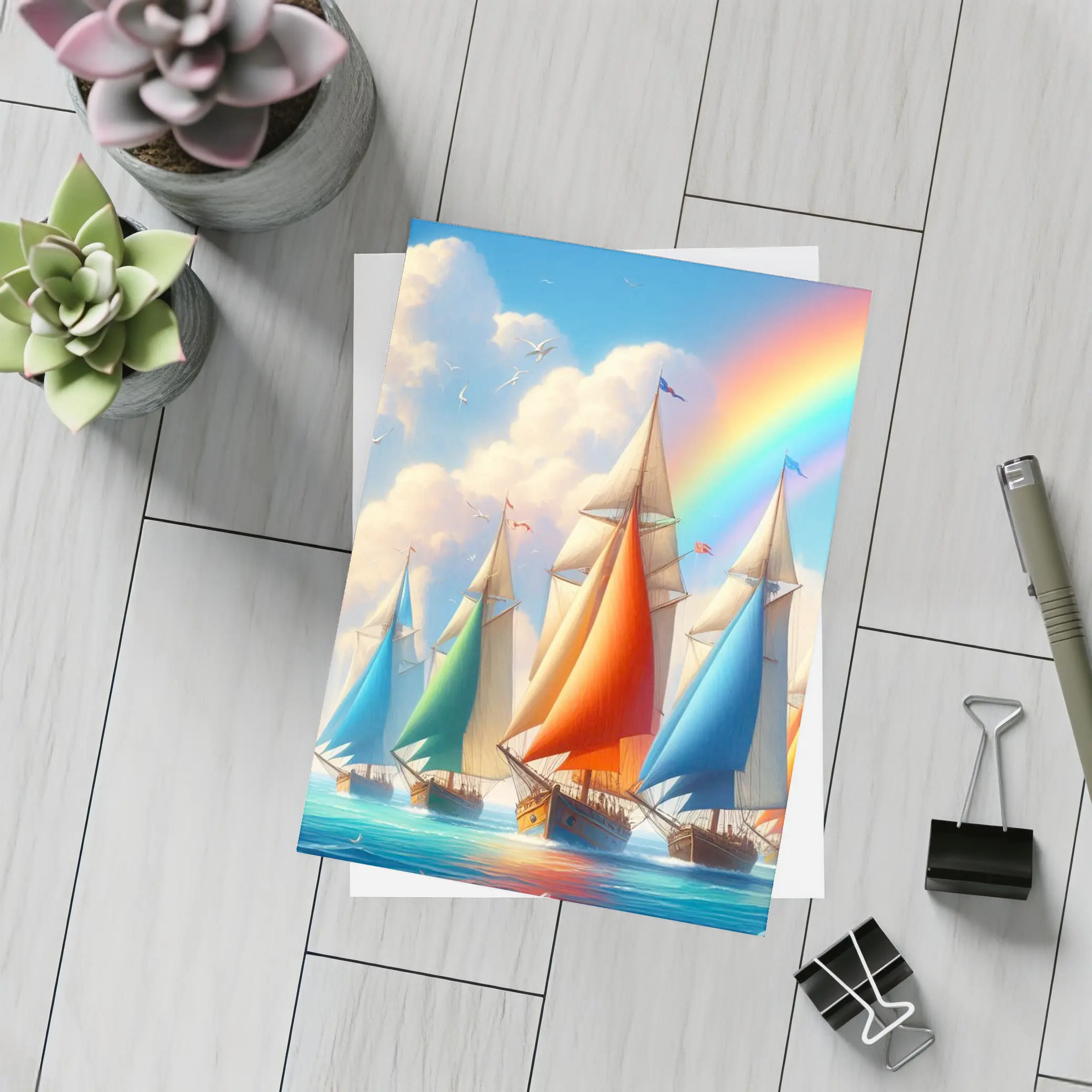Sailing Ships Rainbow Sky Ocean Art – Postcards