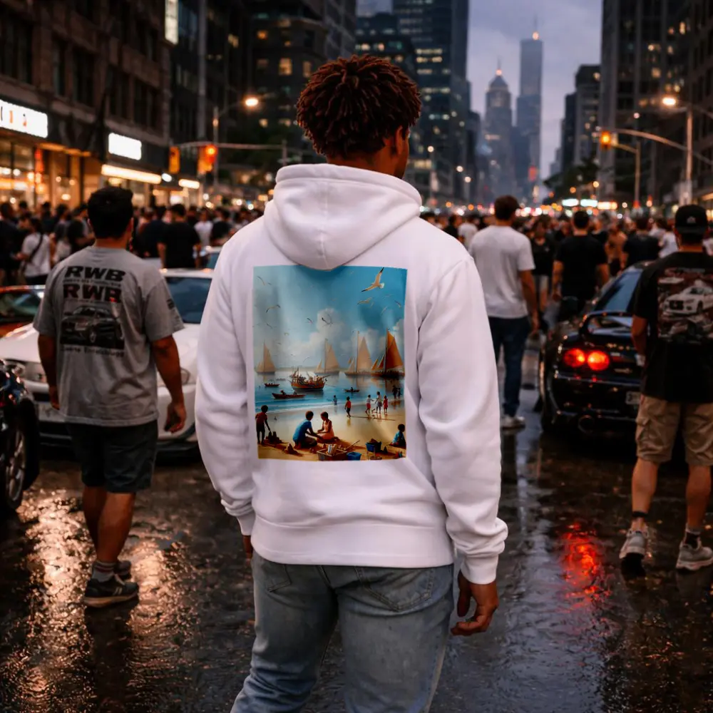 Children Playing Beach Scene Sailboats Sky – Hoodies