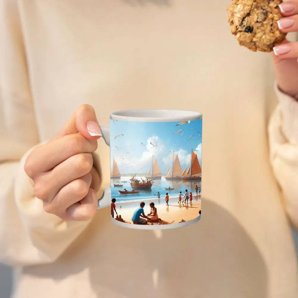 Children Playing Beach Scene Sailboats Sky – Mugs