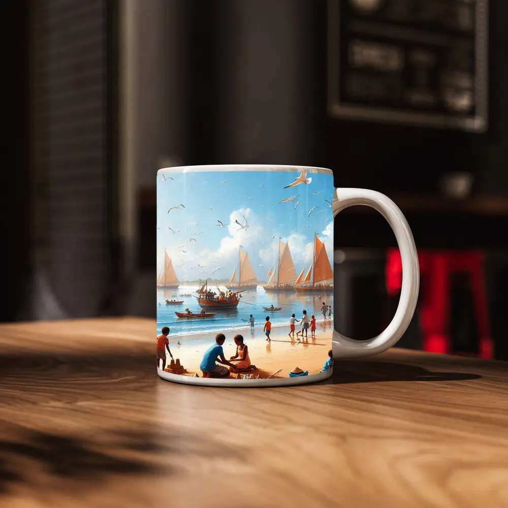 Children Playing Beach Scene Sailboats Sky – Mugs