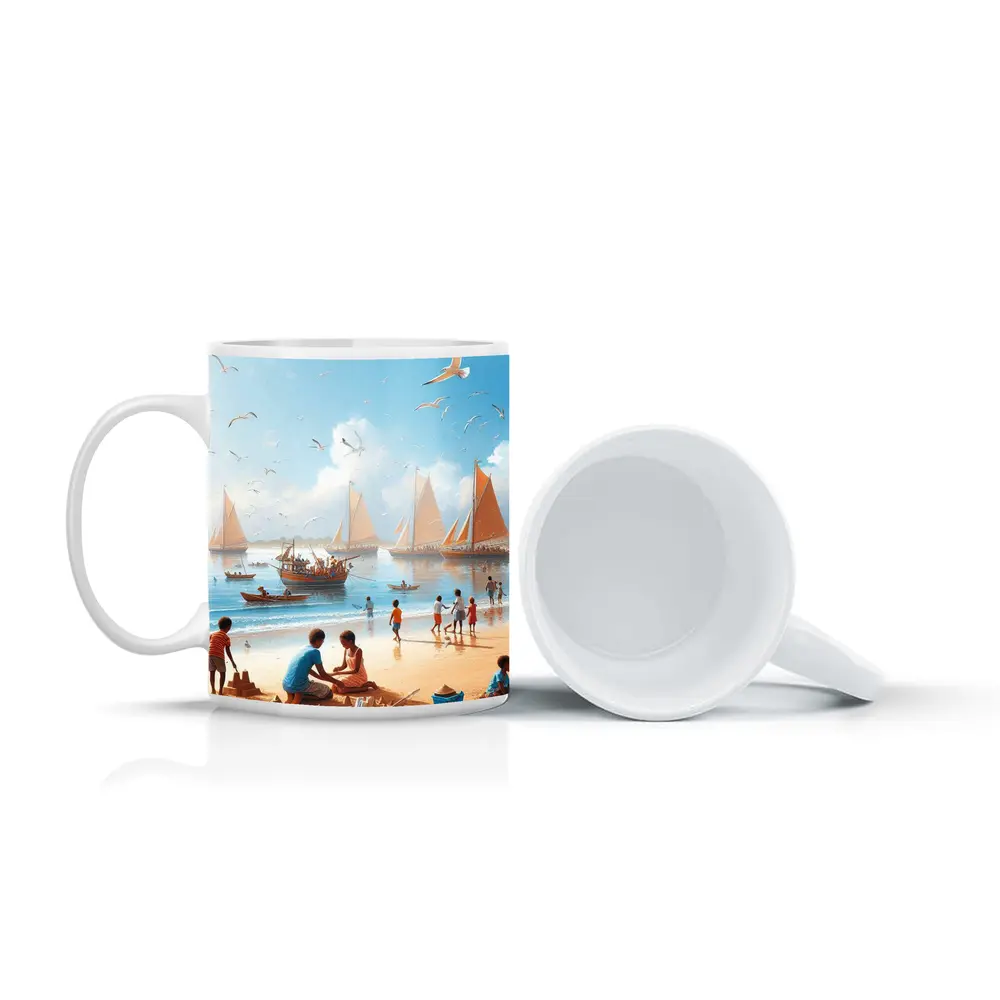 Children Playing Beach Scene Sailboats Sky – Mugs