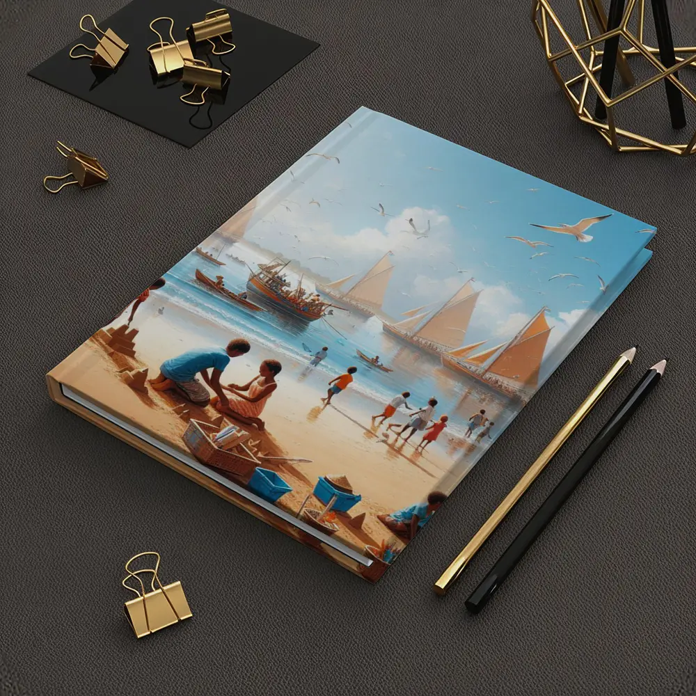 Children Playing Beach Scene Sailboats Sky – Notebooks