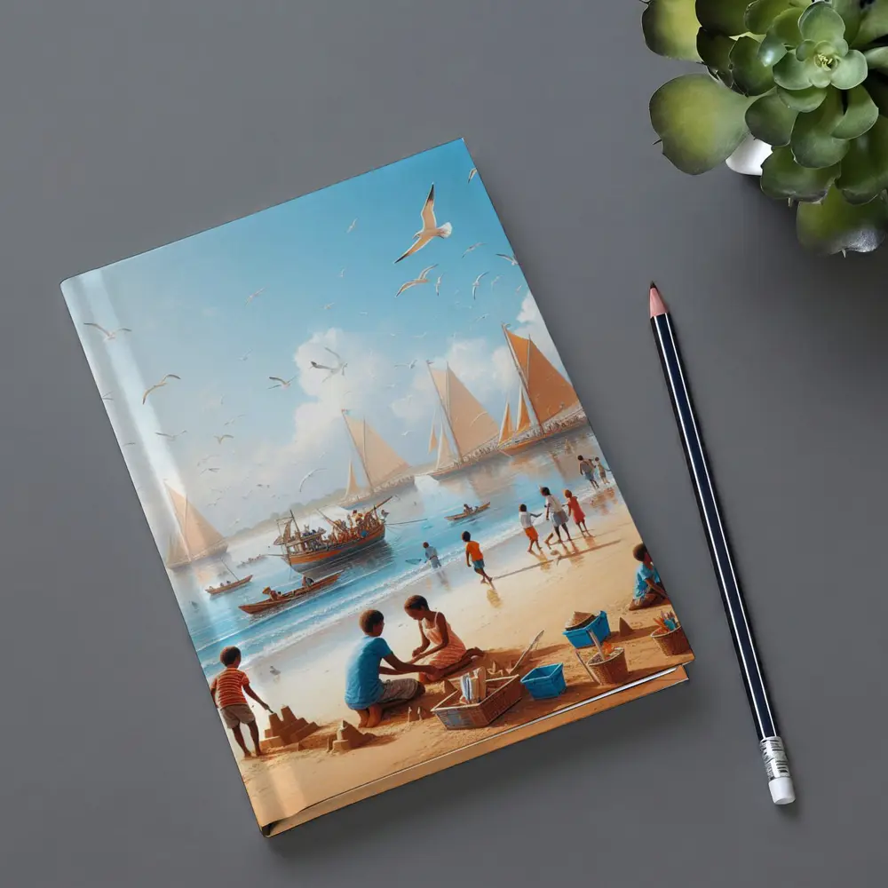 Children Playing Beach Scene Sailboats Sky – Notebooks