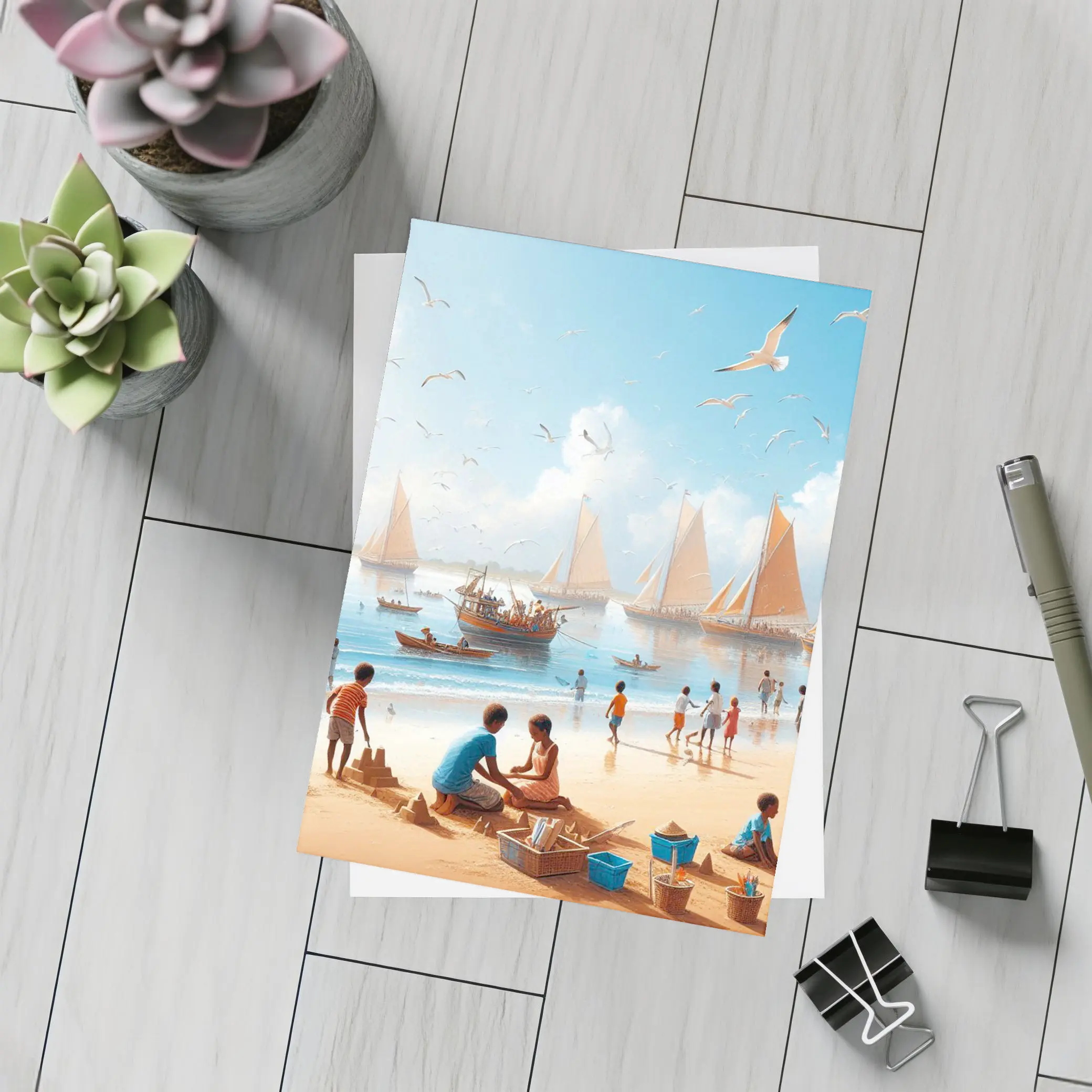 Children Playing Beach Scene Sailboats Sky – Postcards