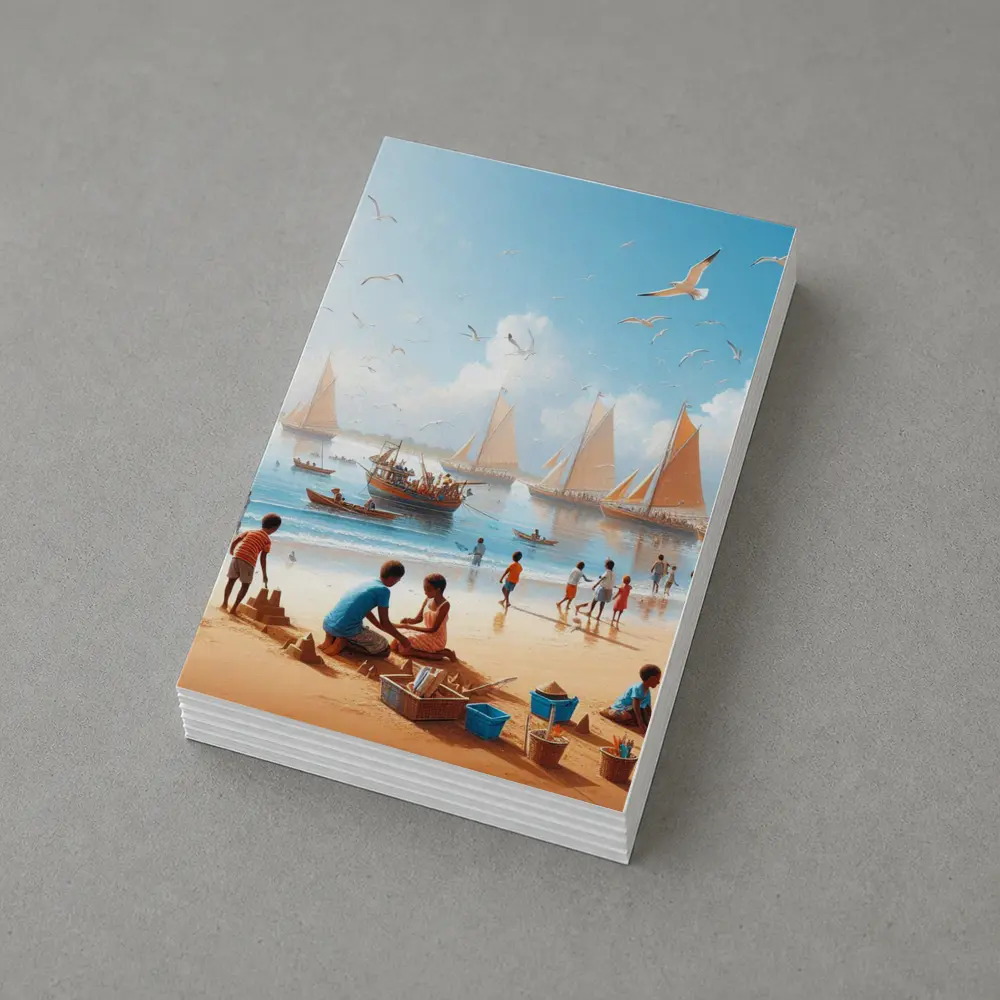 Children Playing Beach Scene Sailboats Sky – Postcards