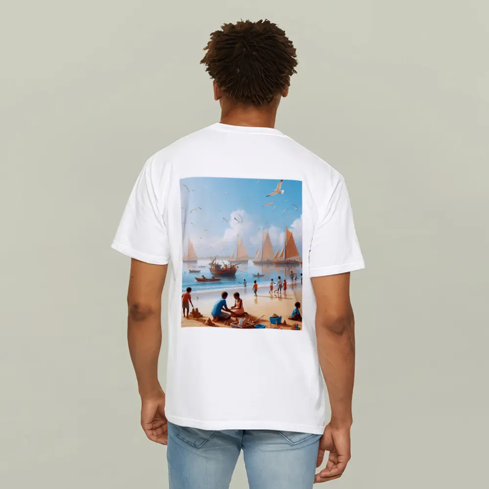 Children Playing Beach Scene Sailboats Sky – T-Shirts