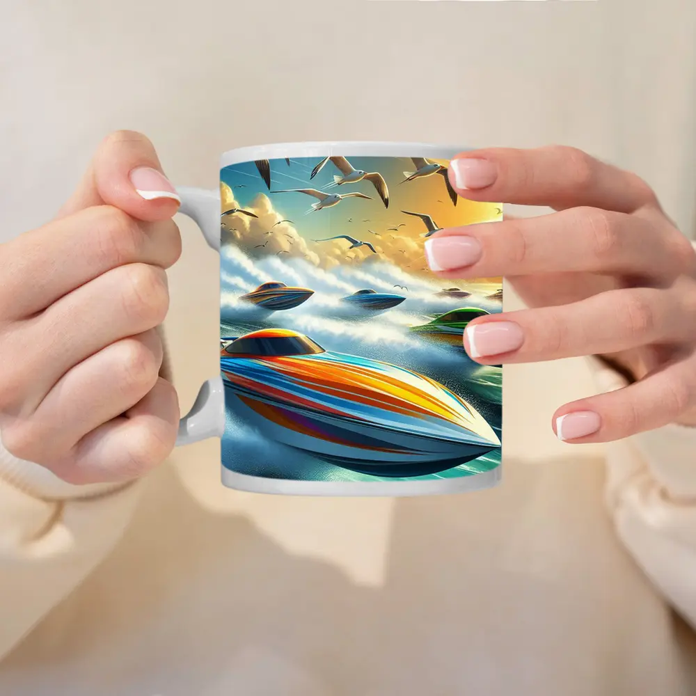 Colorful Speed Boats Racing Ocean Waves – Mugs