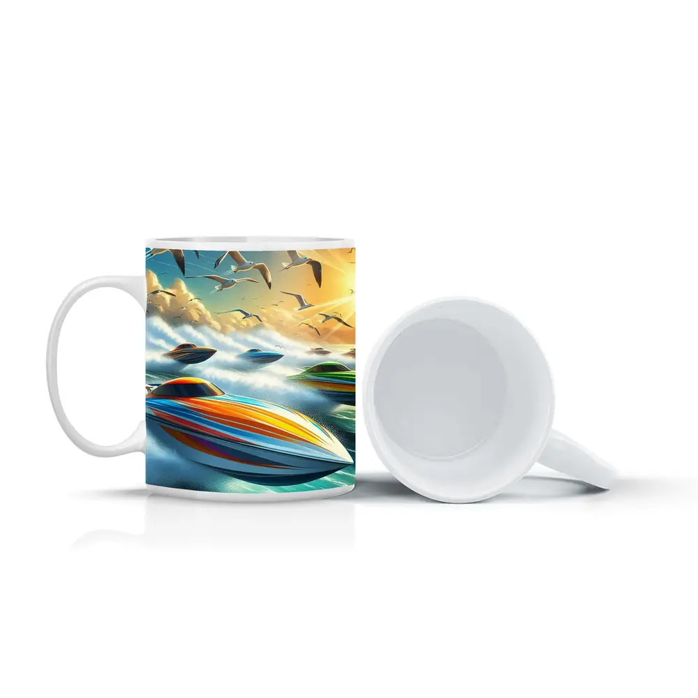 Colorful Speed Boats Racing Ocean Waves – Mugs