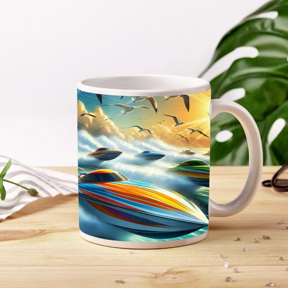 Colorful Speed Boats Racing Ocean Waves – Mugs