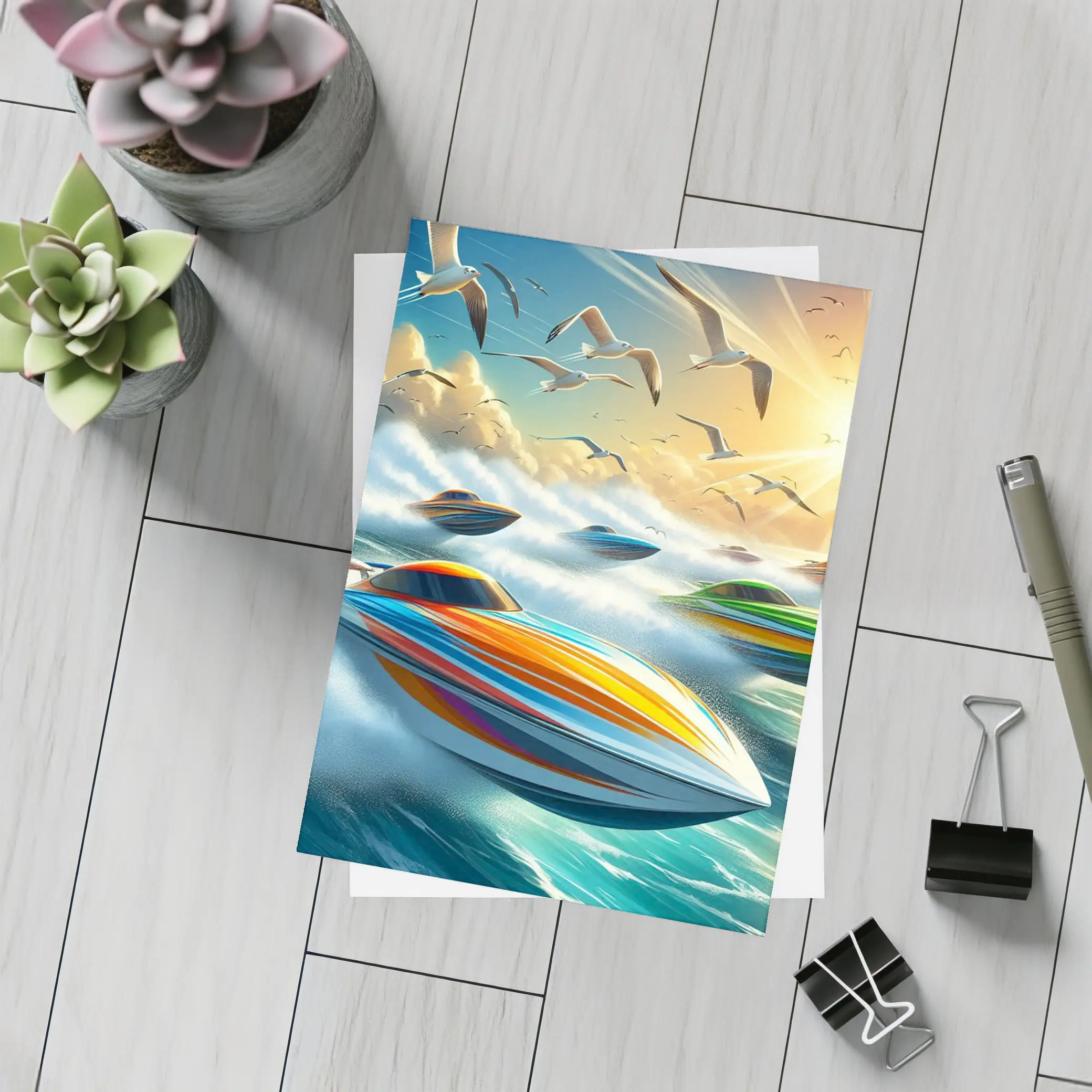 Colorful Speed Boats Racing Ocean Waves – Postcards