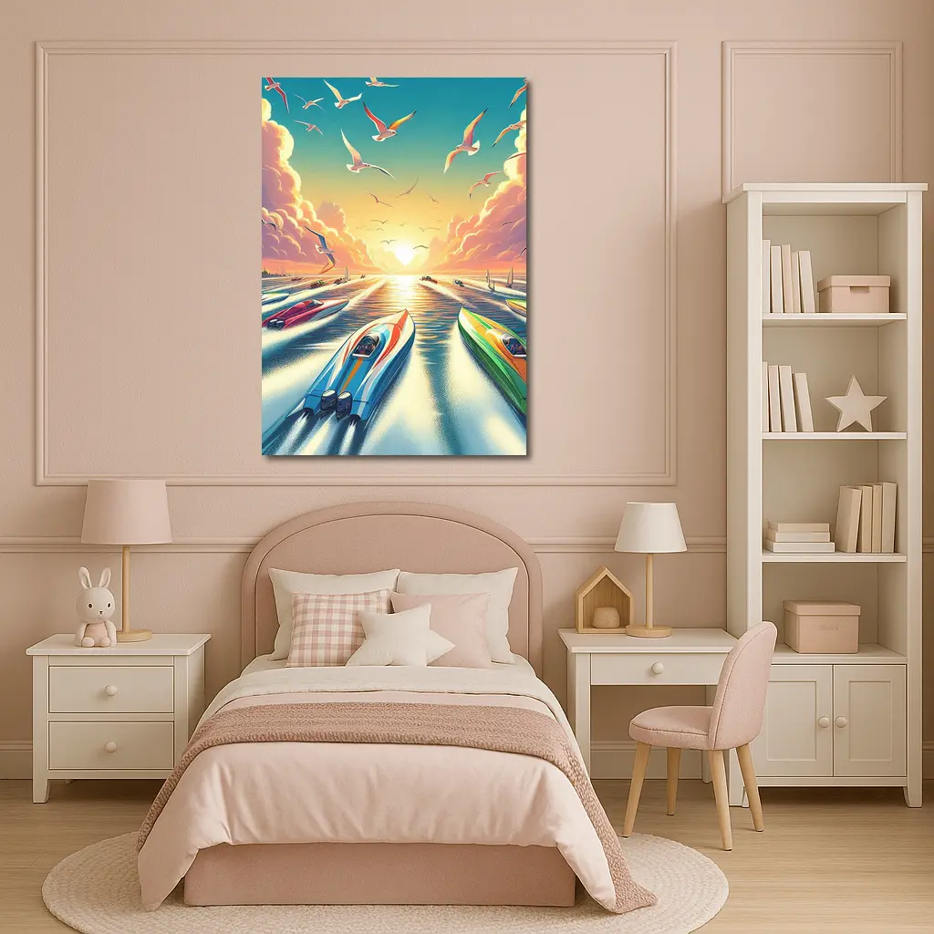 Speed Boats Racing Sunset Ocean Seagulls – Wall Art