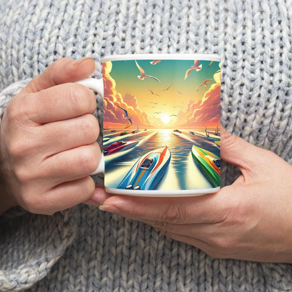 Speed Boats Racing Sunset Ocean Seagulls – Mugs