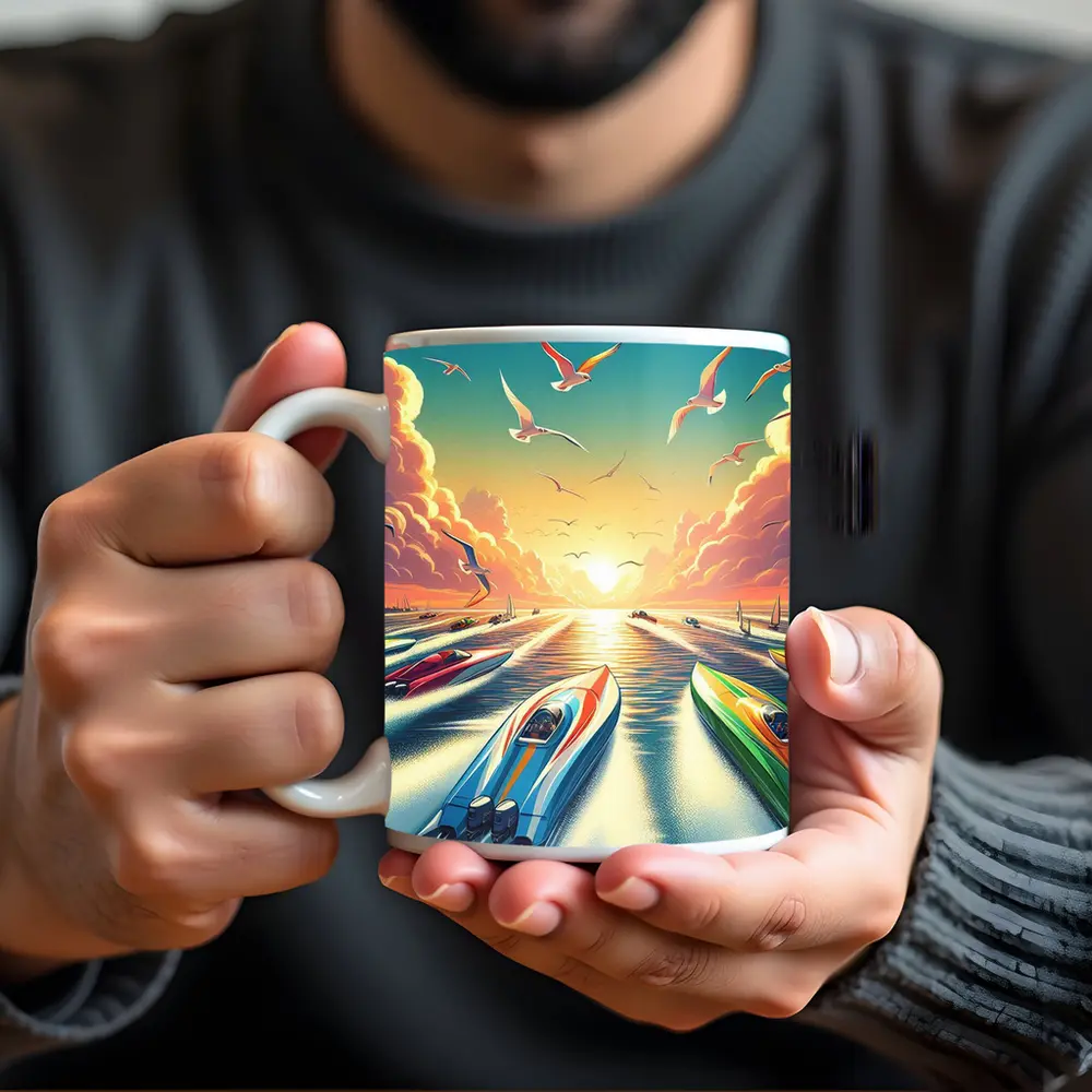 Speed Boats Racing Sunset Ocean Seagulls – Mugs
