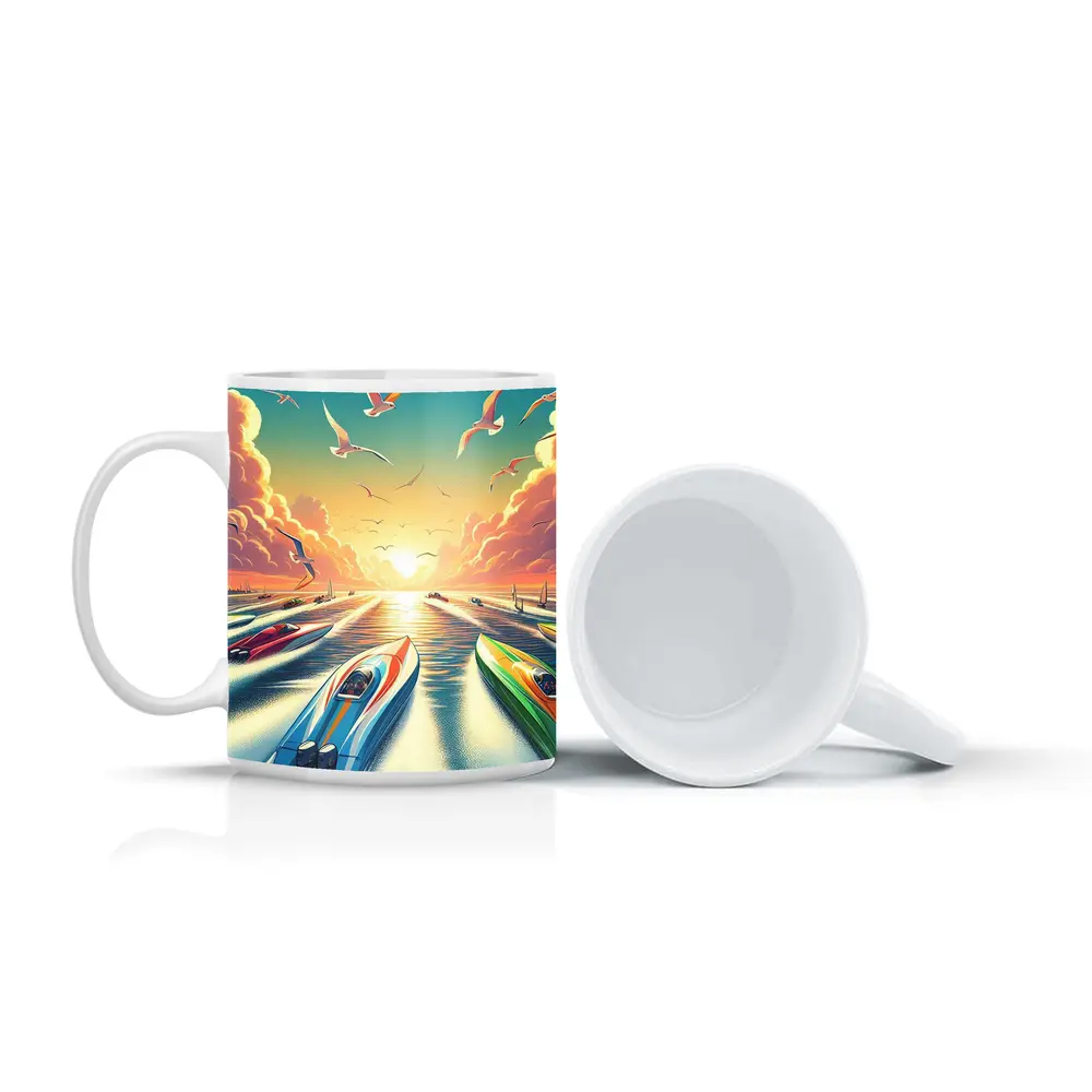 Speed Boats Racing Sunset Ocean Seagulls – Mugs