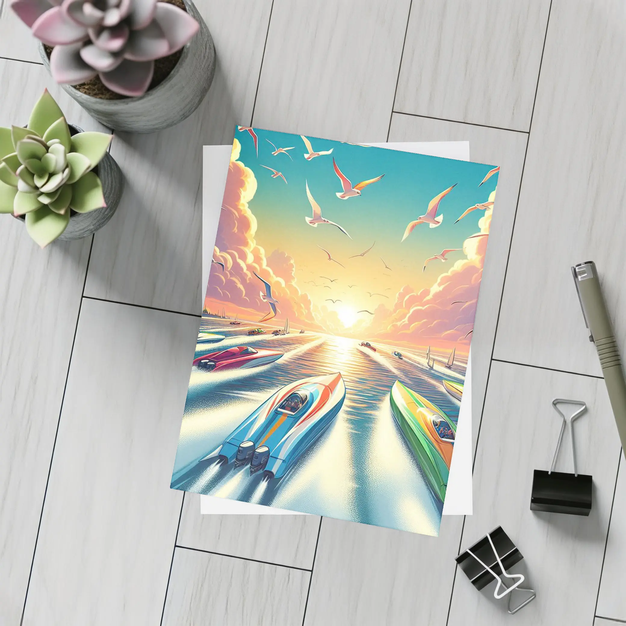 Speed Boats Racing Sunset Ocean Seagulls – Postcards
