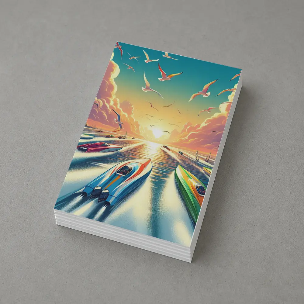 Speed Boats Racing Sunset Ocean Seagulls – Postcards