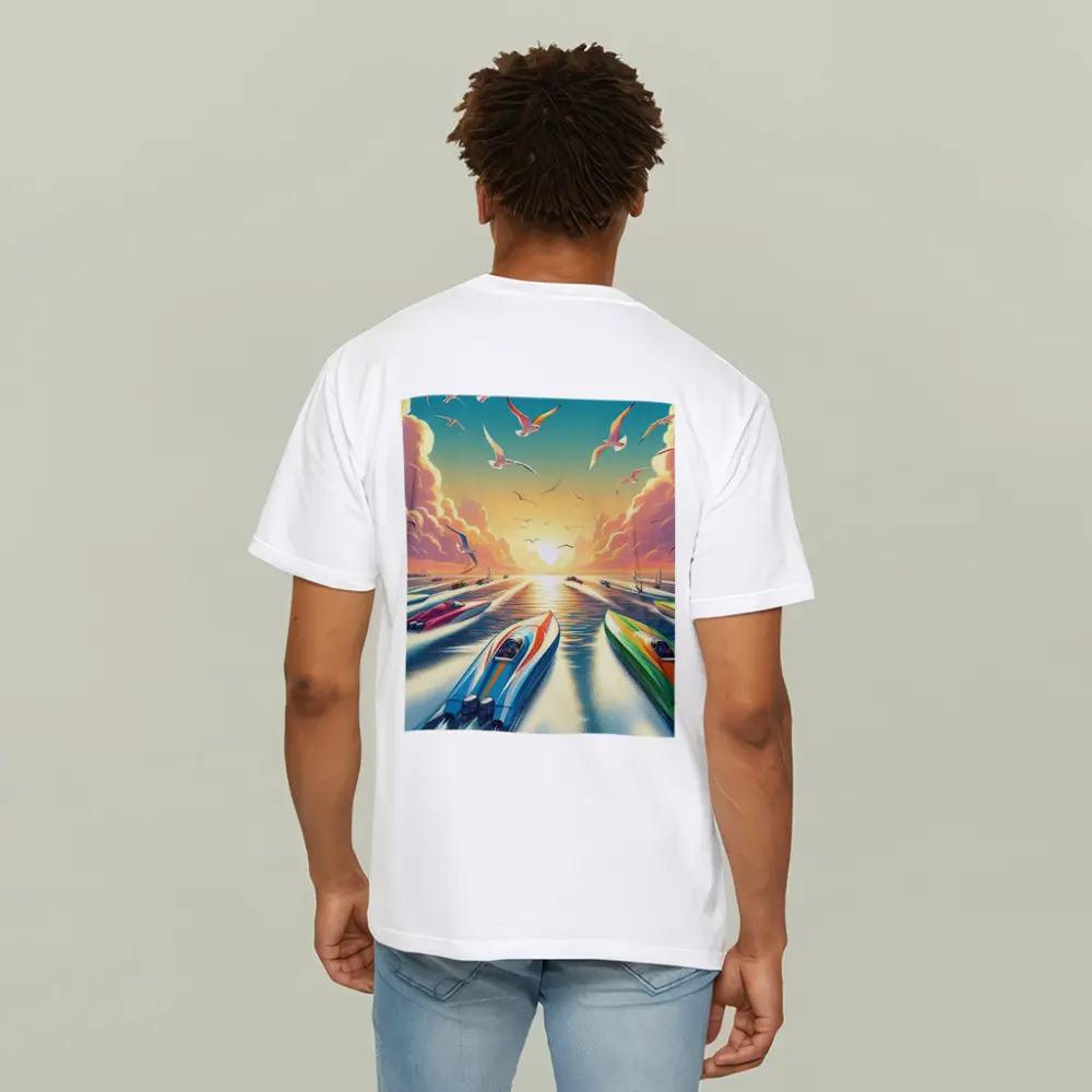 Speed Boats Racing Sunset Ocean Seagulls – T-Shirts