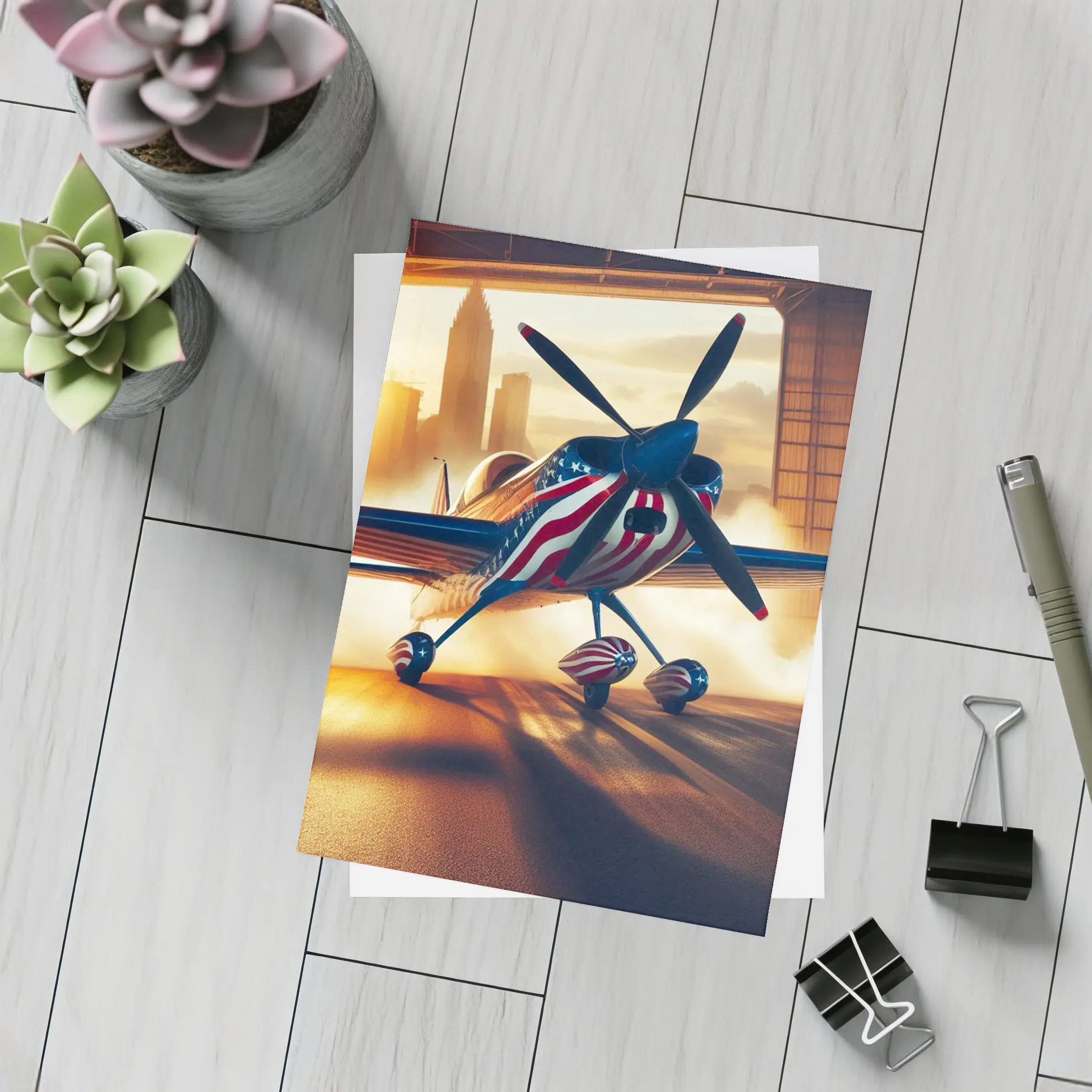 American Flag Propeller Plane Hangar City – Postcards