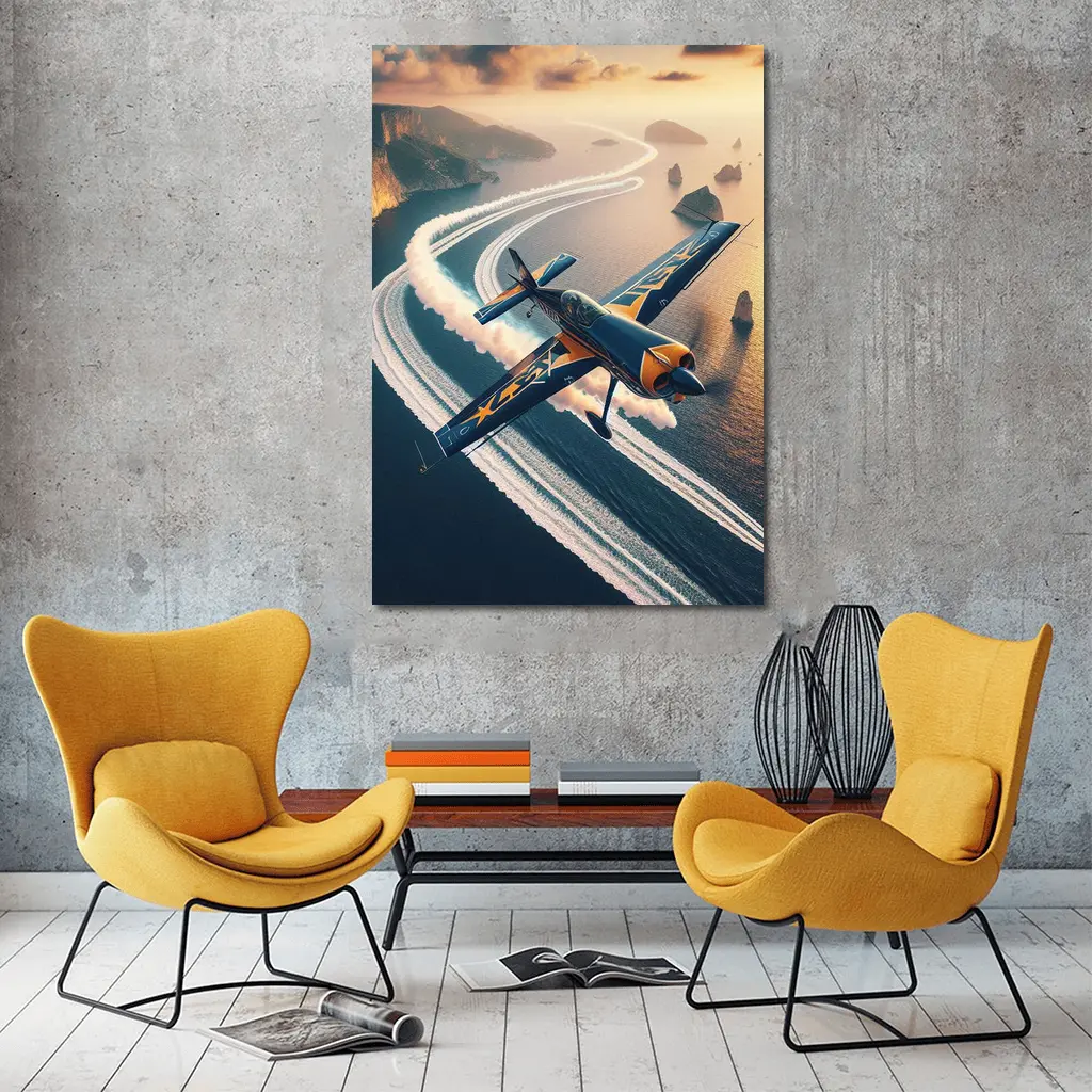 Aerobatic Plane Smoke Trail Coastal Sunset – Wall Art