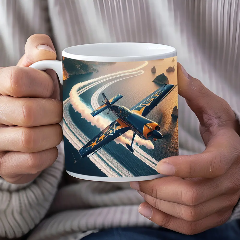 Aerobatic Plane Smoke Trail Coastal Sunset – Mugs