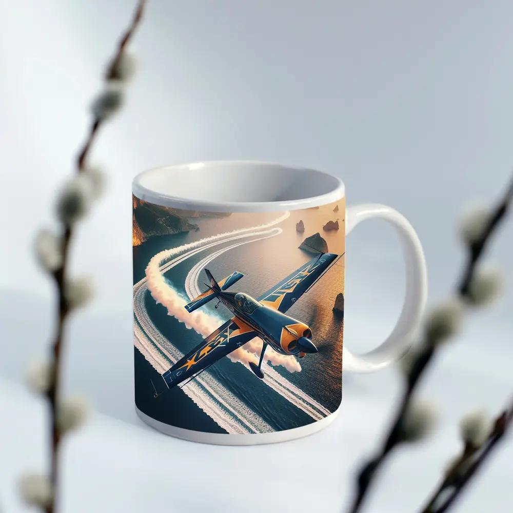 Aerobatic Plane Smoke Trail Coastal Sunset – Mugs