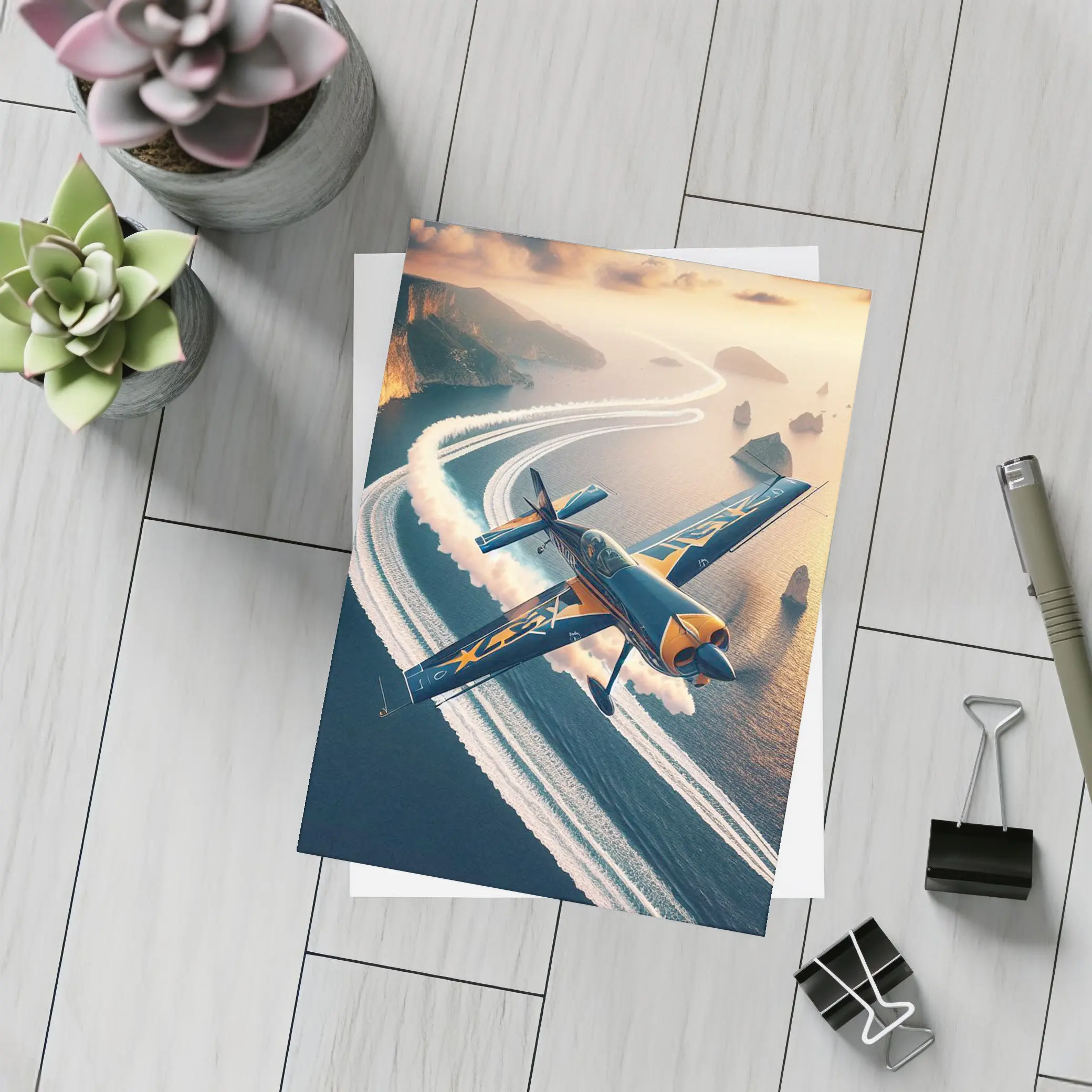 Aerobatic Plane Smoke Trail Coastal Sunset – Postcards