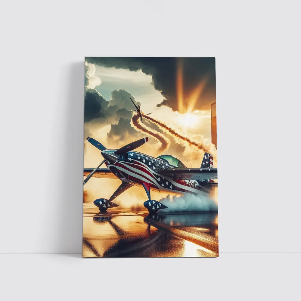 American Flag Stunt Plane Dramatic Sunset Sky – Wall Art