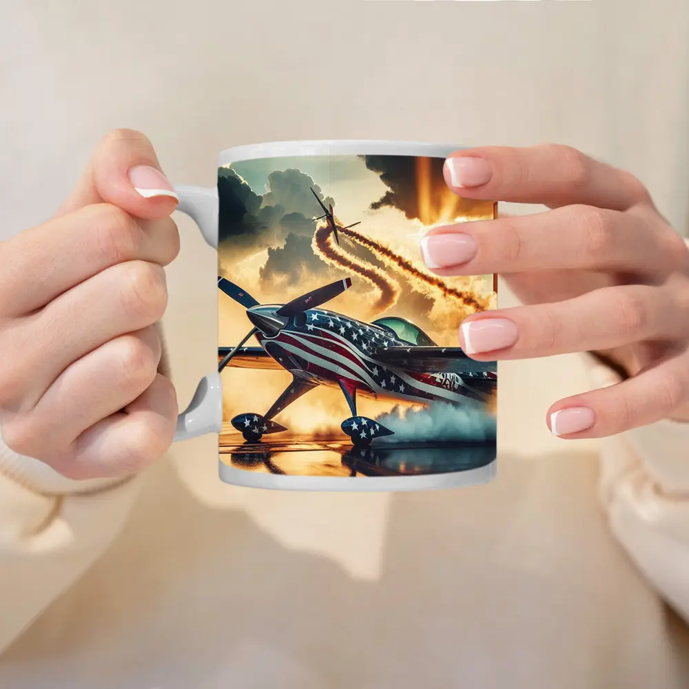 American Flag Stunt Plane Dramatic Sunset Sky – Mugs