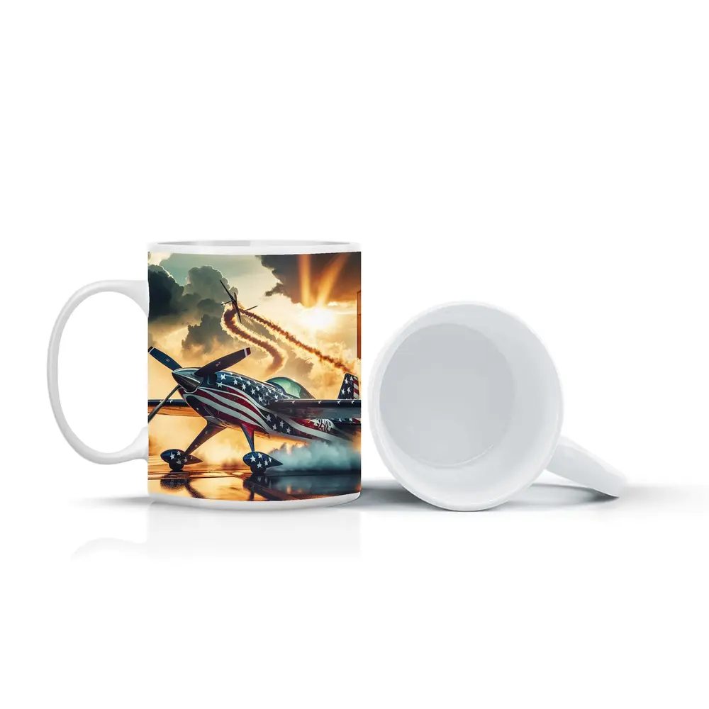 American Flag Stunt Plane Dramatic Sunset Sky – Mugs