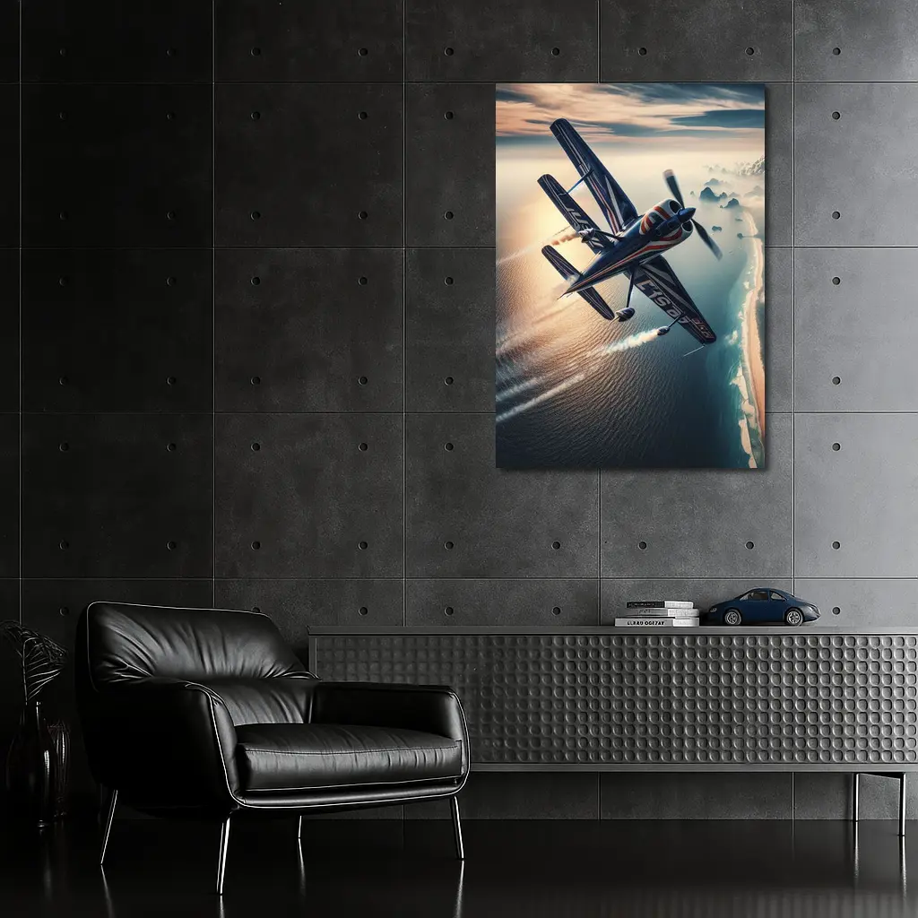 Aerobatic Biplane Flying Over Coastal Waters – Wall Art