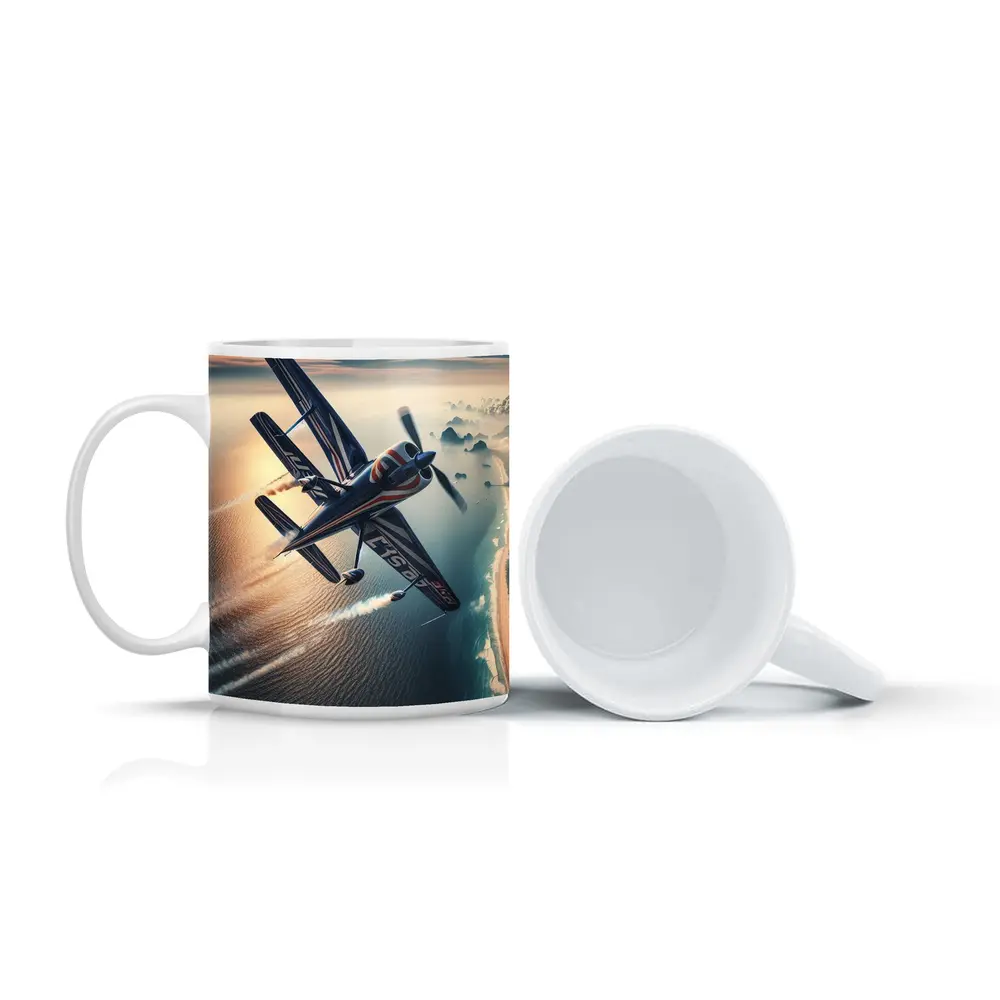 Aerobatic Biplane Flying Over Coastal Waters – Mugs
