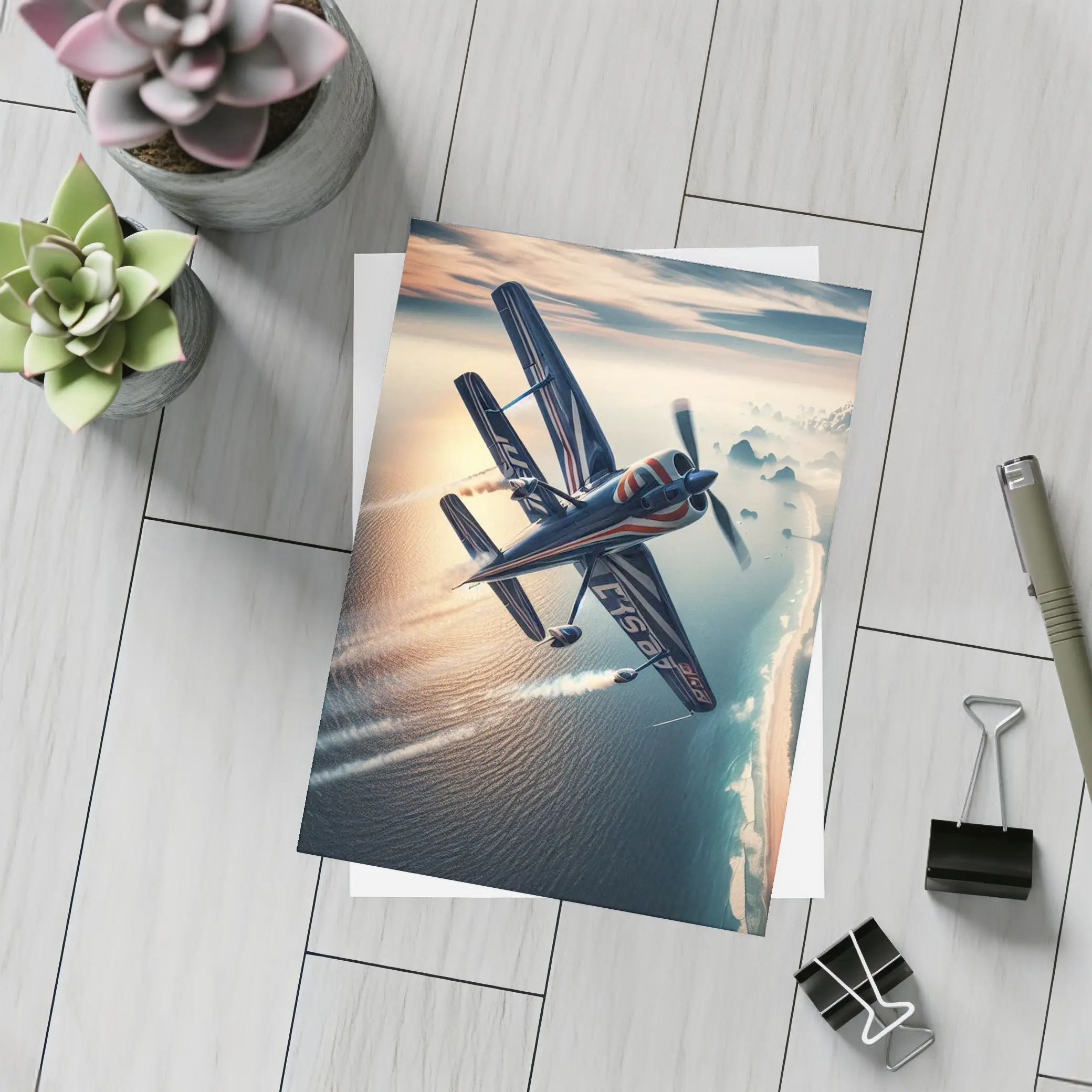 Aerobatic Biplane Flying Over Coastal Waters – Postcards