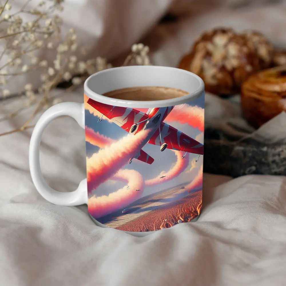Red Aerobatic Plane Smoke Trail Airshow Crowd – Mugs
