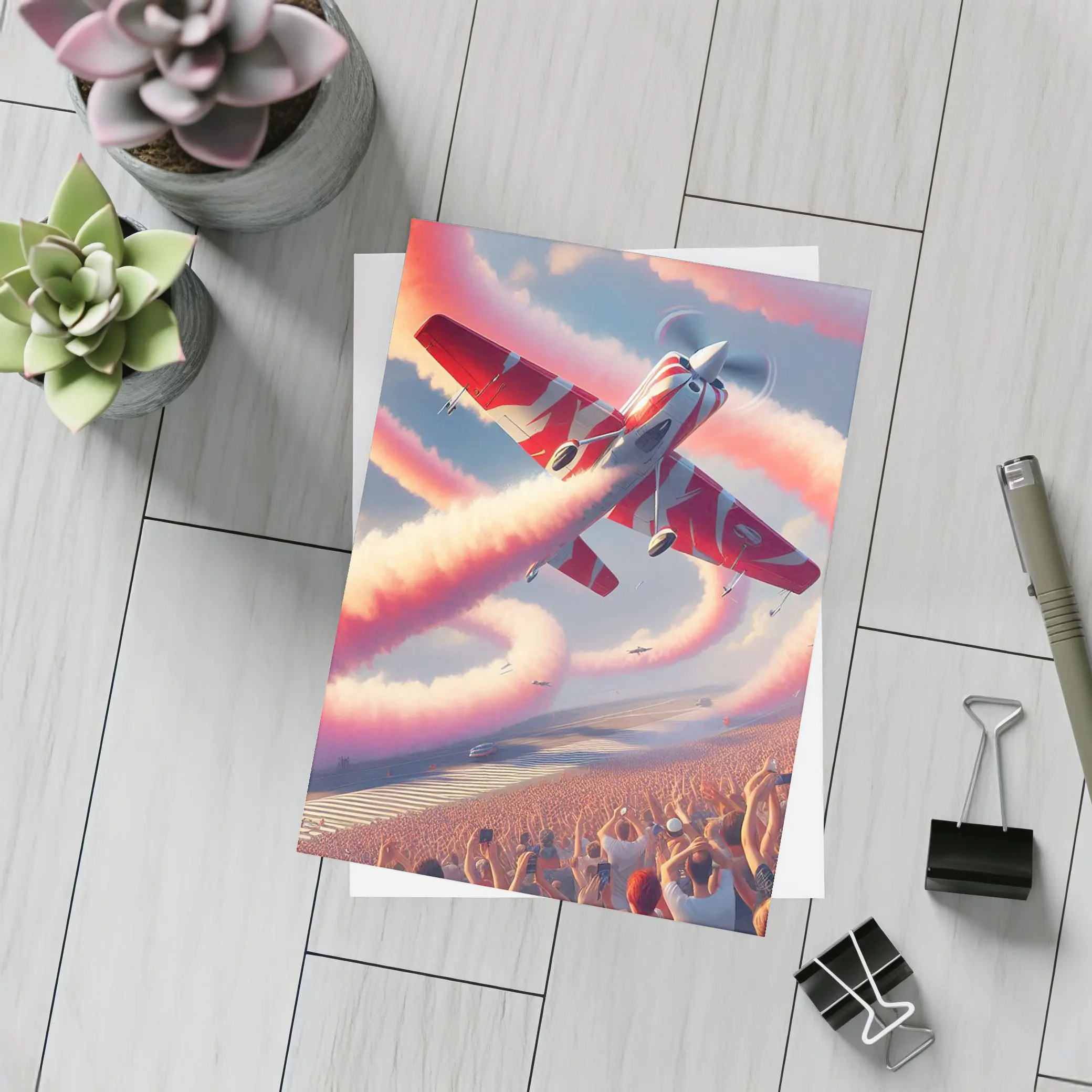 Red Aerobatic Plane Smoke Trail Airshow Crowd – Postcards