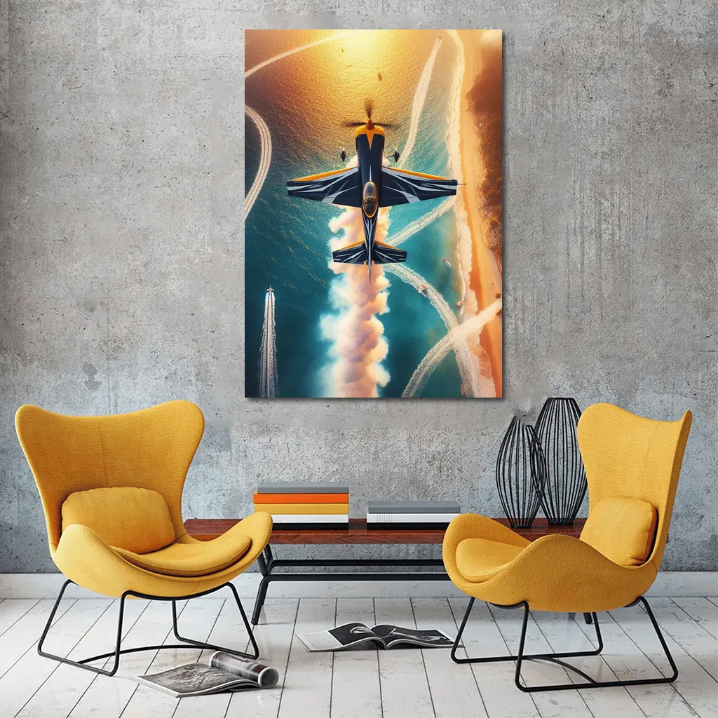 Aerobatic Plane Smoke Trail Over Coastal Water – Wall Art