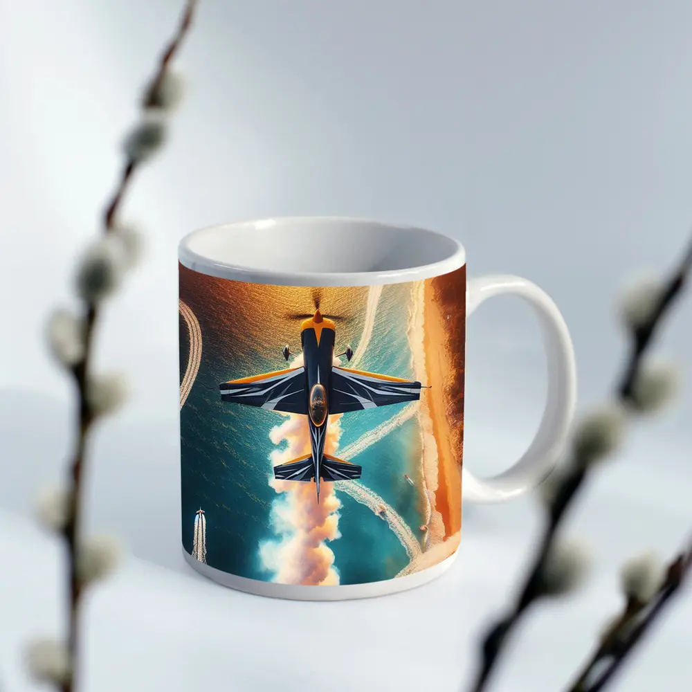 Aerobatic Plane Smoke Trail Over Coastal Water – Mugs