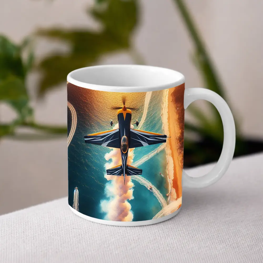 Aerobatic Plane Smoke Trail Over Coastal Water – Mugs