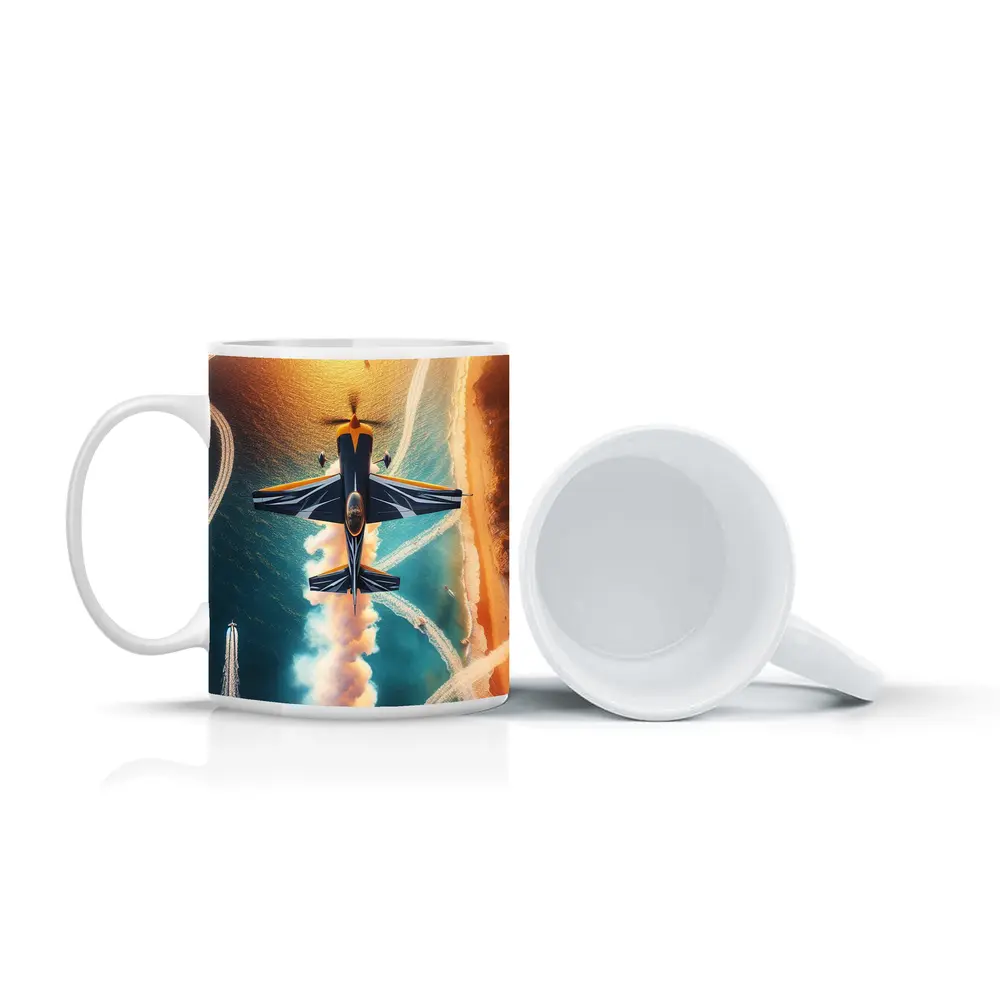 Aerobatic Plane Smoke Trail Over Coastal Water – Mugs