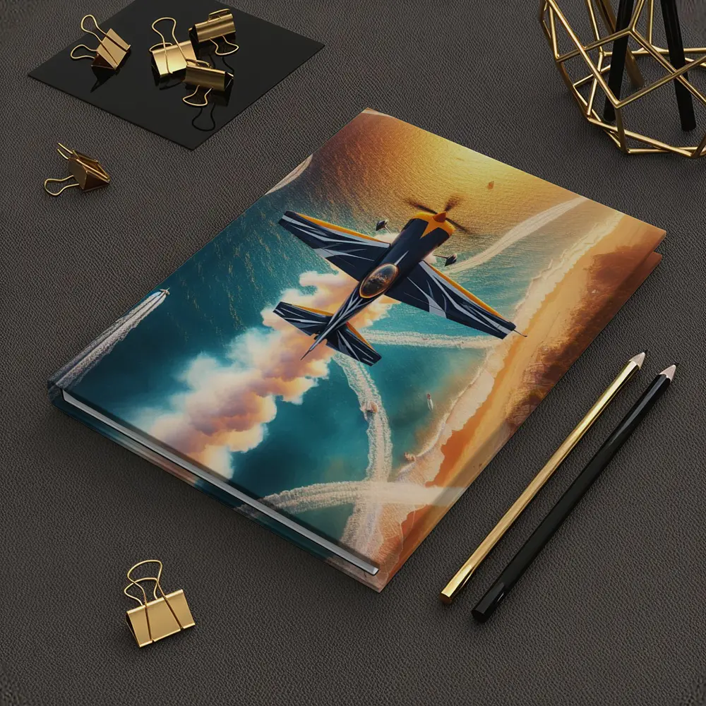 Aerobatic Plane Smoke Trail Over Coastal Water – Notebooks